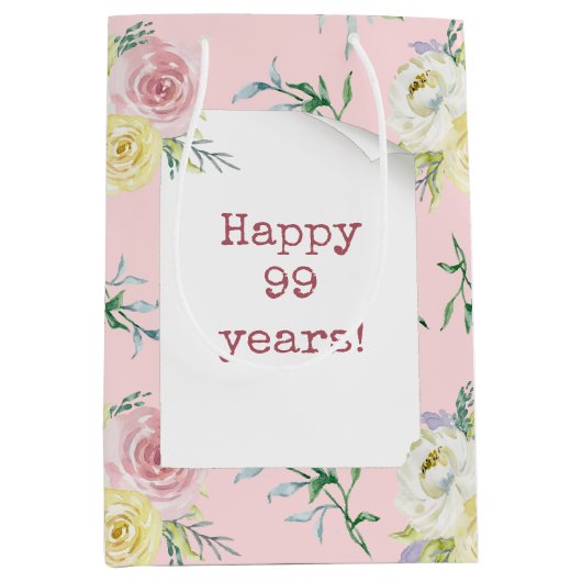 Aquarelle Rose 99e anniversaire Sac cadeau moyen (Devant)
