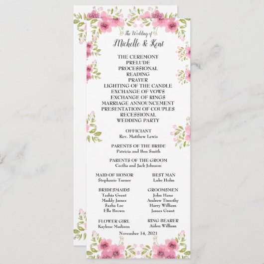 Aquarelle rose Anémone Mariage Programme & Menu (Devant / Derrière)