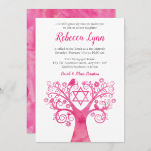 Aquarelle rose Arbre de vie Bat mitzvah Invitation