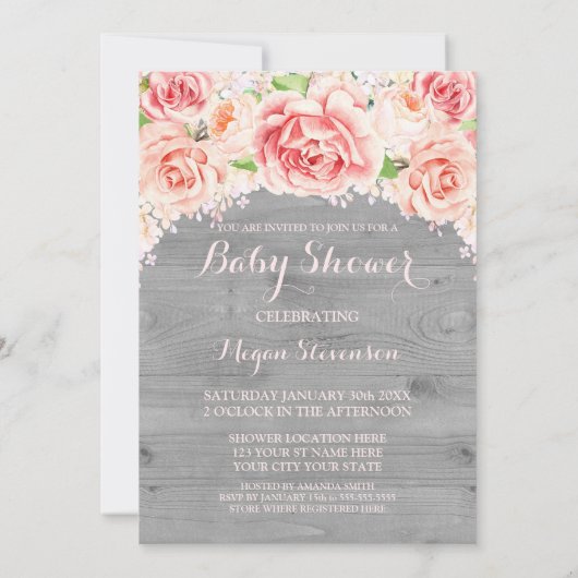 Aquarelle rose Baby shower bois Invitation (Dos)