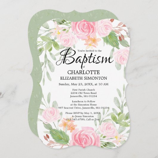 Aquarelle rose Baptême floral Invitations (Devant / Derrière)