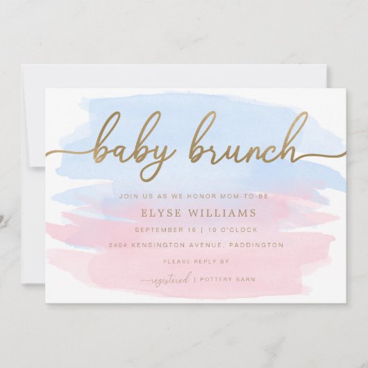 Aquarelle rose bleu or Bébé Brunch Invitation (Devant)