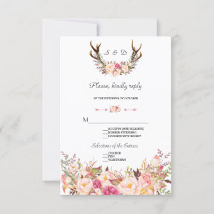 Aquarelle rose Blush Floral Antlers Mariage RSVP