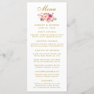 Aquarelle Rose Blush Floral Mariage Gold Menu