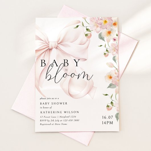 Aquarelle rose Bow Baby shower floral Invitation