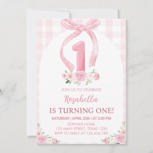 Aquarelle rose Bow première invitation anniversair (Devant)