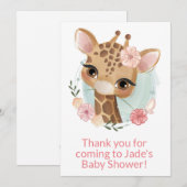 Aquarelle rose Carte de remerciements Giraffe bébé (Devant / Derrière)