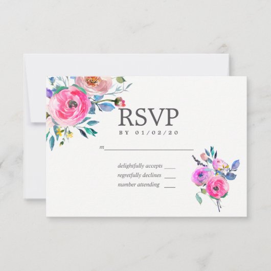 Aquarelle rose chaud Mariage floral RSVP (Devant)
