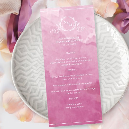 Aquarelle rose Chic Mauve, Menu Mariage Monogramme