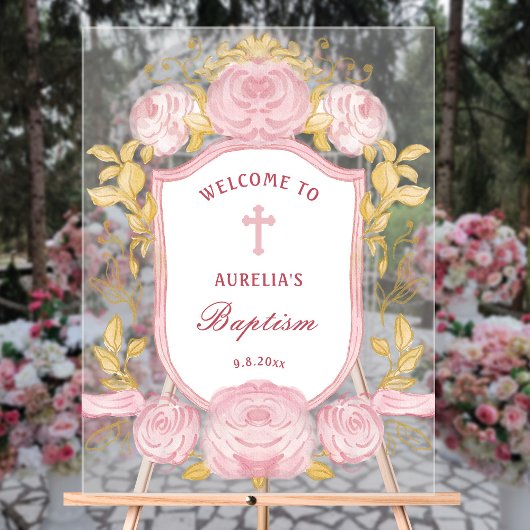 Aquarelle Rose Crest Baptême Bienvenue