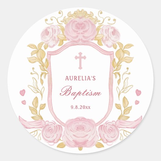 Aquarelle Rose Crest Baptême Grand Sticker (Devant)
