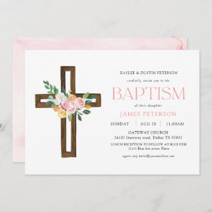 Aquarelle rose Croix Baptême floral Invitation