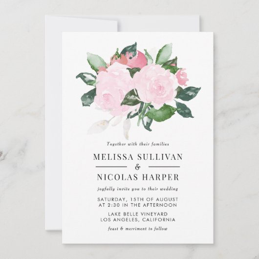 Aquarelle rose douce Roses Faire-part de mariage (Devant)
