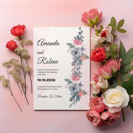 Aquarelle rose et Faire-part de mariage floral mar