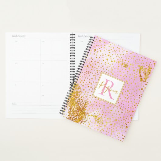 Aquarelle rose et monogramme de confetti or (Devant avec enveloppe)