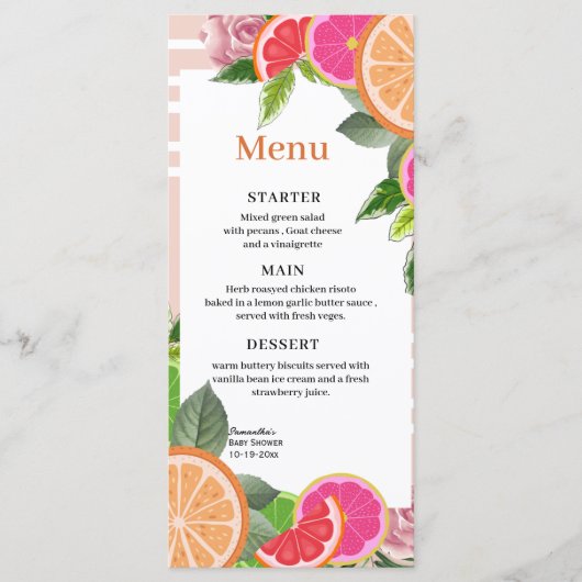 Aquarelle rose et orange Tropical Citrus Cute Menu (Devant)