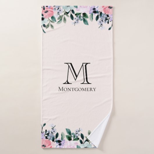 Aquarelle rose et violet Monogramme de bordure flo (Serviette de bain)