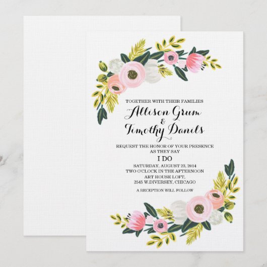 Aquarelle rose faire-part de mariage (Devant / Derrière)