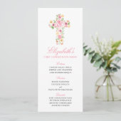 Aquarelle rose Fleur Croix Menu Première Communion (Debout devant)