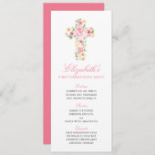 Aquarelle rose Fleur Croix Menu Première Communion (Devant / Derrière)
