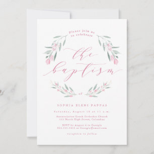 Aquarelle rose fleur fille baptême invitation