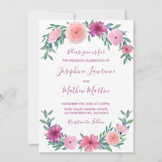 Aquarelle rose Fleurs mariage Invitations (Devant)