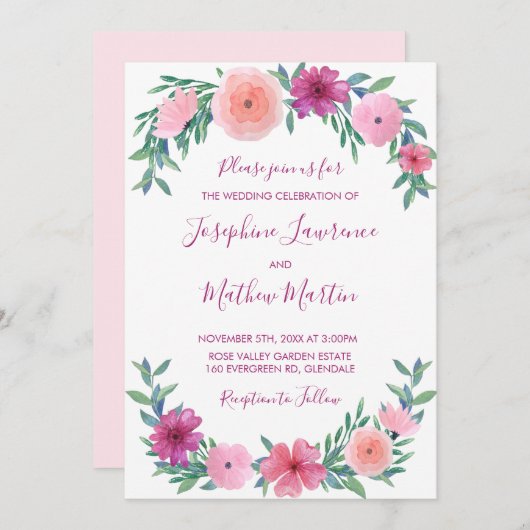Aquarelle rose Fleurs mariage Invitations (Devant / Derrière)