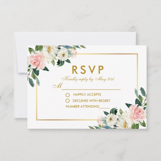 Aquarelle rose floral blanc mariage or RSVP Pk (Devant)