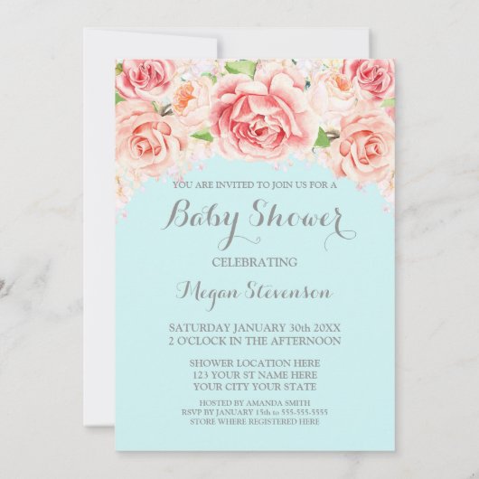 Aquarelle rose Floral Blue Baby shower Invitation (Dos)