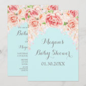 Aquarelle rose Floral Blue Baby shower Invitation (Devant / Derrière)