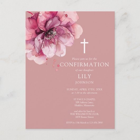 Aquarelle rose Floral Confirmation Invitation (Devant)