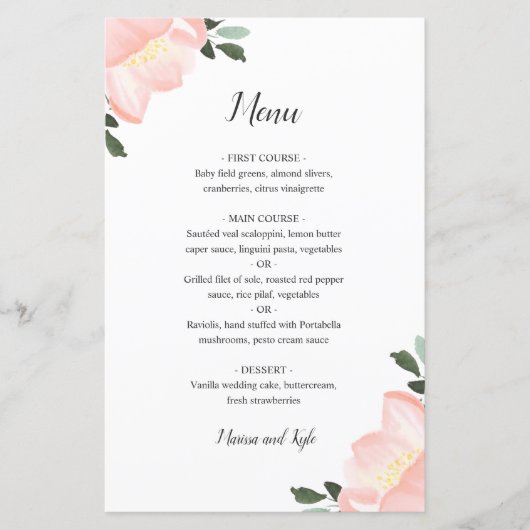 Aquarelle rose Floral Elégant Mariage Menu (Devant)