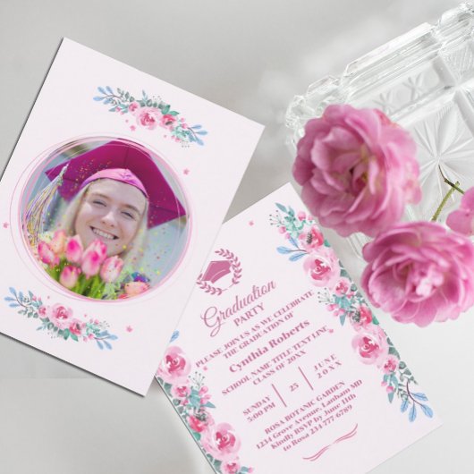 Aquarelle rose Floral Invitation à la graduation