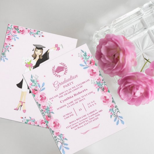 Aquarelle rose Floral Invitation à la graduation