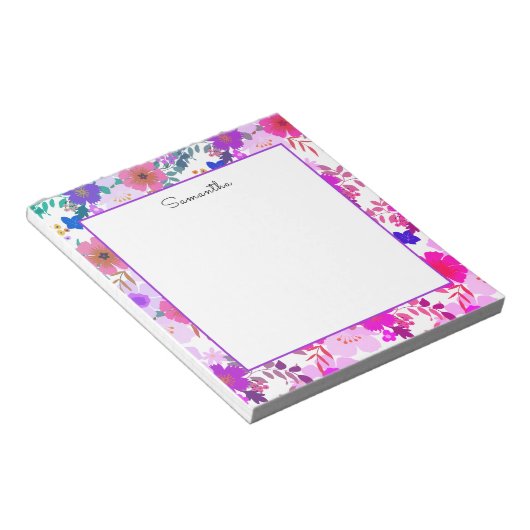 Aquarelle rose Floral Nom Bloc-notes (Incliné)