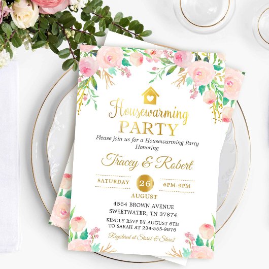 Aquarelle rose Floral Or Invitation de chauffage d