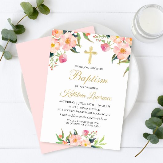Aquarelle rose florale fille Baptême Invitation
