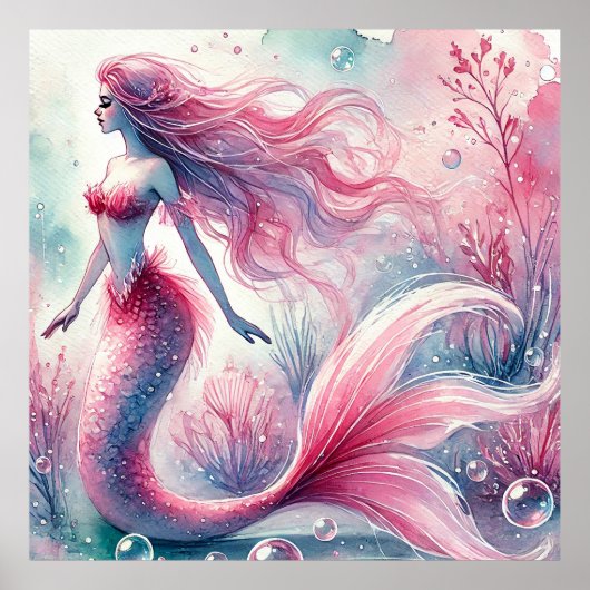 Aquarelle rose Grosse Sirène Poster d'Art Mur (Devant)