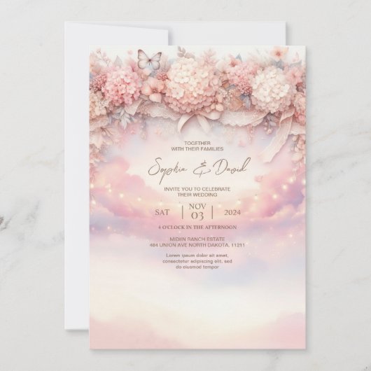 Aquarelle rose Hydrangea Faire-part de mariage (Devant)