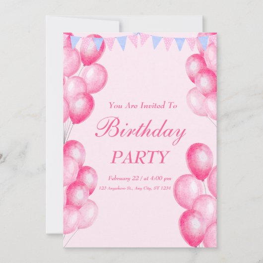 Aquarelle rose Invitation de fête d'anniversaire (Devant)