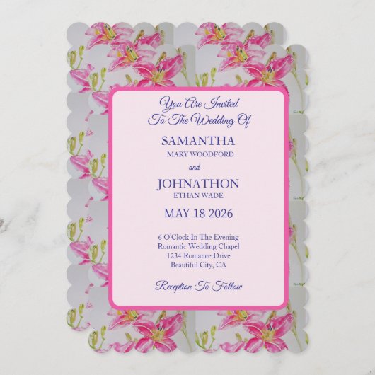 Aquarelle rose Lily Faire-part de mariage (Devant / Derrière)