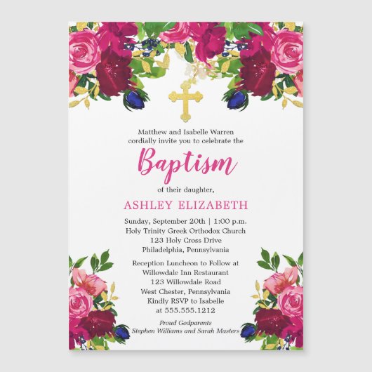 Aquarelle rose magenta Baptême floral Invitation (Devant)