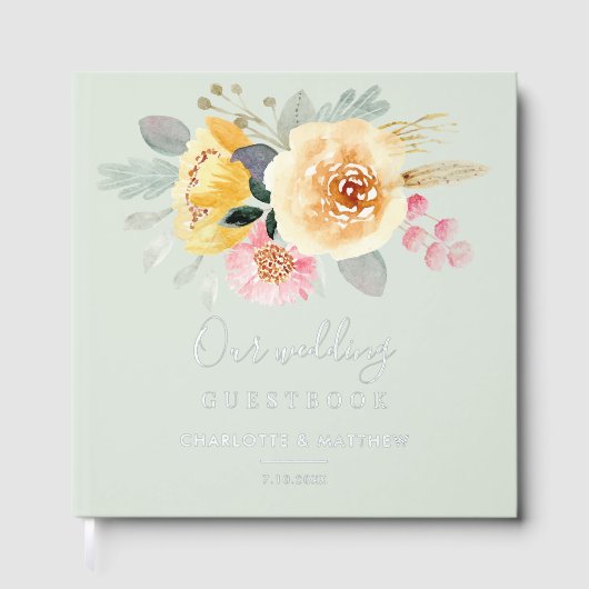 Aquarelle rose Mariage de script Floral Argent (Recto)
