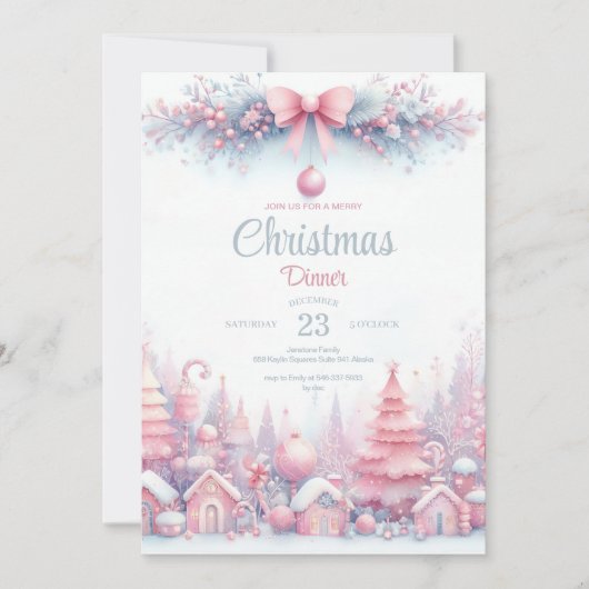 Aquarelle rose Noël Dîner Invitation (Devant)