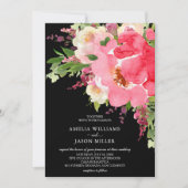Aquarelle rose Noir Floral Invitations de mariage (Devant)