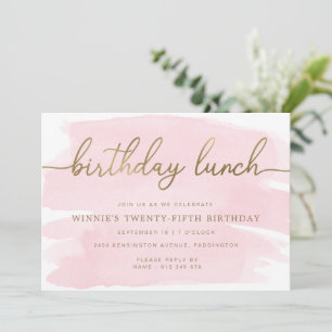 Aquarelle rose Or Anniversaire Déjeuner Invitation