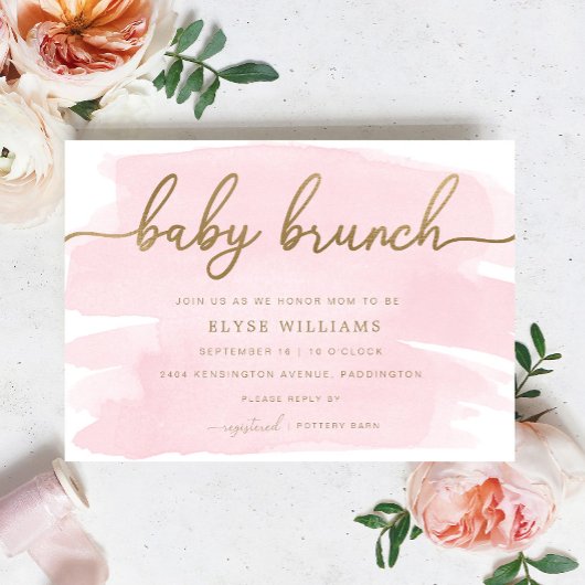 Aquarelle rose Or Bébé Brunch Invitation