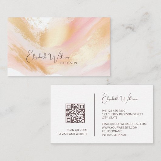 Aquarelle rose or | Carte de visite de code QR (Devant / Derrière)