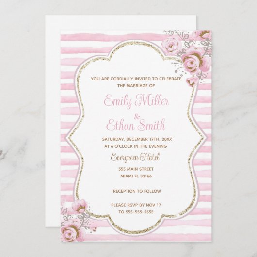 Aquarelle rose or floral faire-part de mariage (Devant / Derrière)