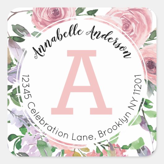 Aquarelle rose pâle Étiquette de adresse de monogr (Devant)